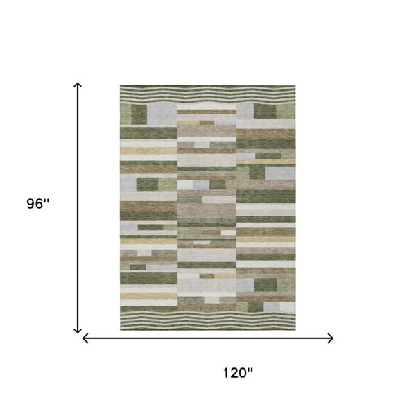 8 X 10 Olive Striped Polyester Area Rug Washable Stain Resistant Indoor Outdoor Use