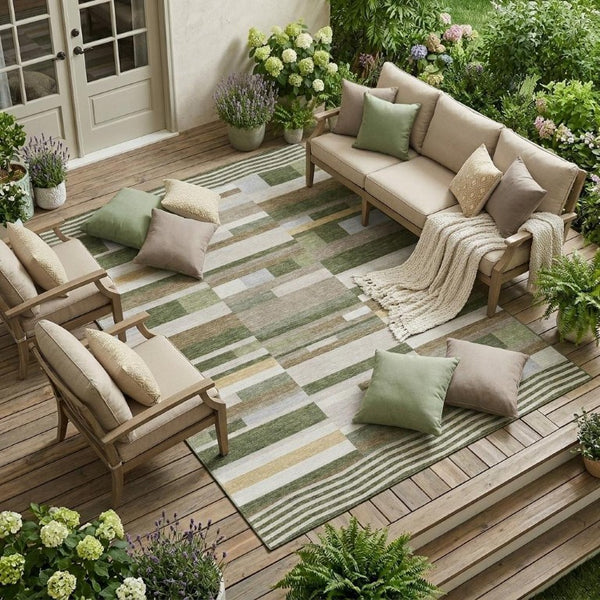 9 X 12 Olive Striped Washable Polyester Area Rug for Patio Porch or Living Room