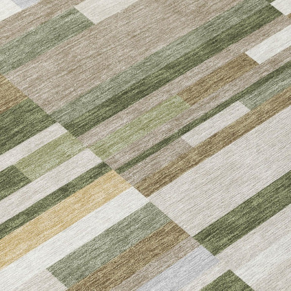 9 X 12 Olive Striped Washable Polyester Area Rug for Patio Porch or Living Room