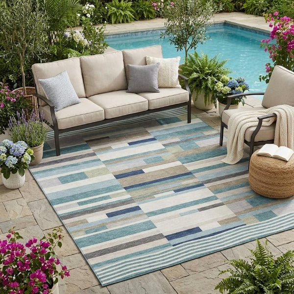 5 X 8 Striped Polyester Area Rug Washable Teal Silver Stain Resistant Indoor Outdoor