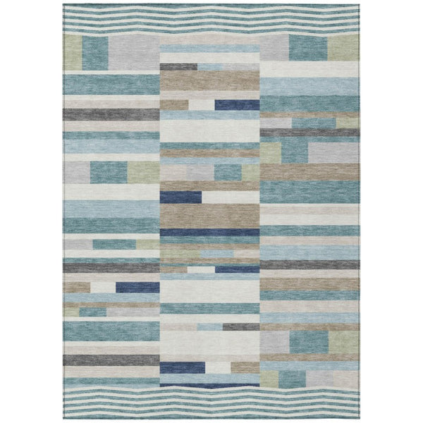 HomeRoots 5 X 8 Striped Polyester Area Rug Washable Teal Silver Stain Resistant Indoor Outdoor 742902