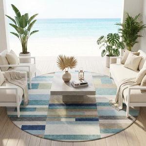 8 Ft Round Teal Silver Striped Polyester Rug Washable for Patio Porch or Family Room