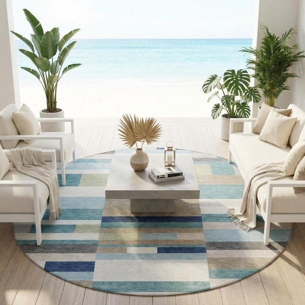 8 Ft Round Teal Silver Striped Polyester Rug Washable for Patio Porch or Family Room