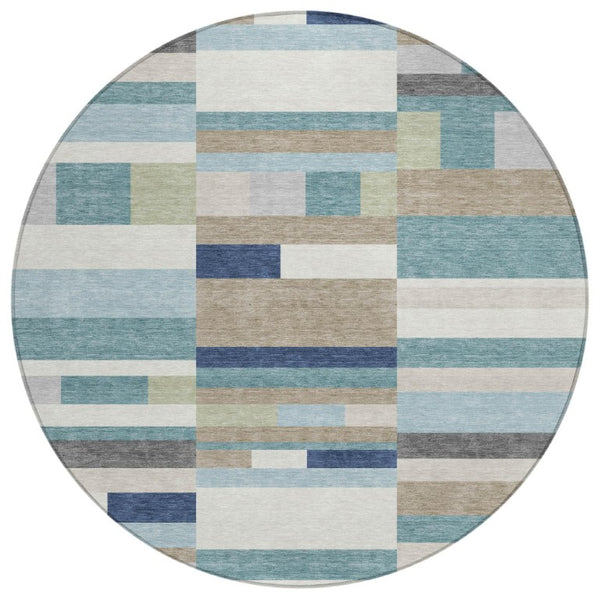 HomeRoots 8 Ft Round Teal Silver Striped Polyester Rug Washable for Patio Porch or Family Room 742903