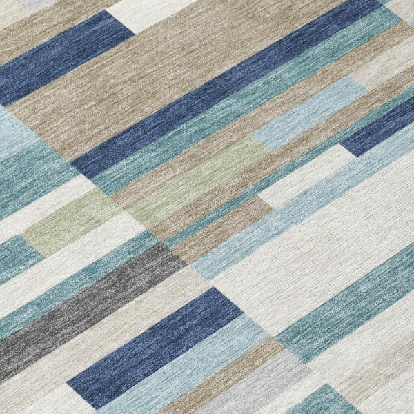8 Ft Round Teal Silver Striped Polyester Rug Washable for Patio Porch or Family Room