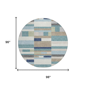 8 Ft Round Teal Silver Striped Polyester Rug Washable for Patio Porch or Family Room