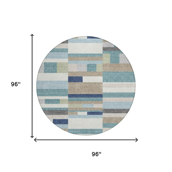 8 Ft Round Teal Silver Striped Polyester Rug Washable for Patio Porch or Family Room
