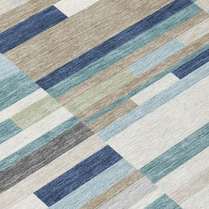 8 X 10 Teal Silver Stripe Washable Polyester Area Rug for Patio and Living Room