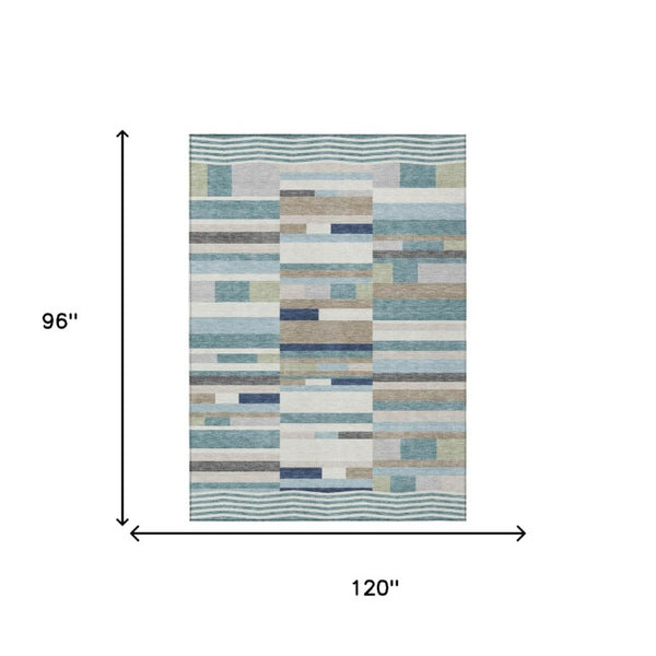 8 X 10 Teal Silver Stripe Washable Polyester Area Rug for Patio and Living Room