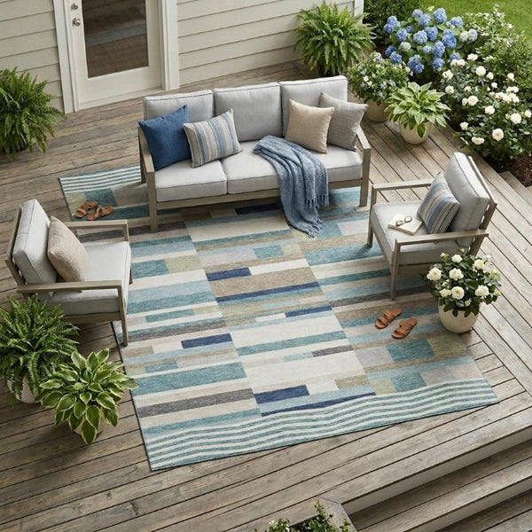 9 X 12 Teal Silver Stripe Polyester Area Rug Washable for Patio or Living Room