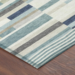 9 X 12 Teal Silver Stripe Polyester Area Rug Washable for Patio or Living Room