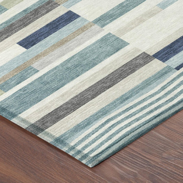 9 X 12 Teal Silver Stripe Polyester Area Rug Washable for Patio or Living Room