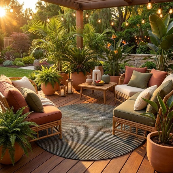 8 Ft Round Striped Polyester Area Rug Washable for Patio Porch Family Room