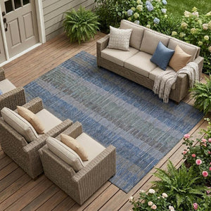 8 X 10 Navy Striped Polyester Area Rug Washable Stain Resistant Indoor Outdoor