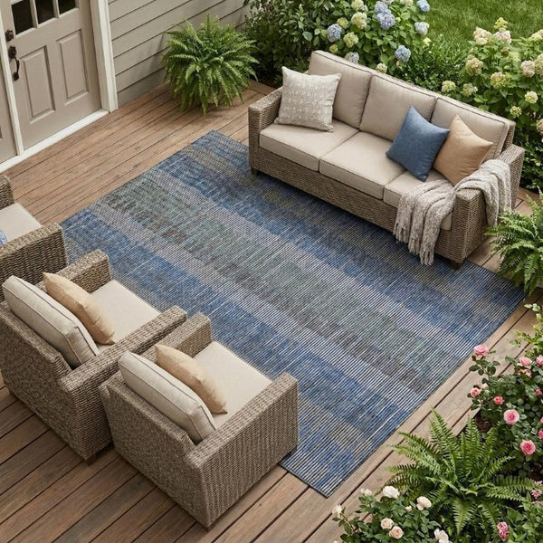 8 X 10 Navy Striped Polyester Area Rug Washable Stain Resistant Indoor Outdoor