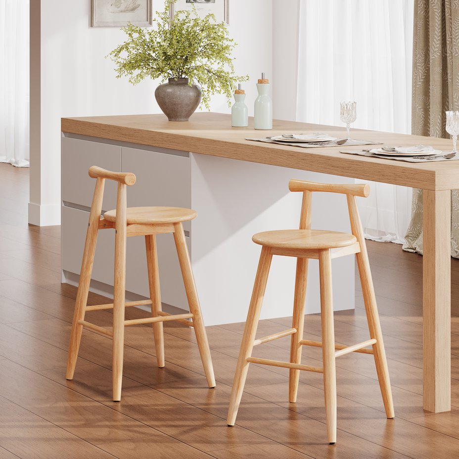 English Elm Christopher Knight Home® - Grove Rubberwood Barstools Set of 2 — Natural Finish, Ergonomic Round Seat, Sturdy Cross-Bar Backrest N775P336231N