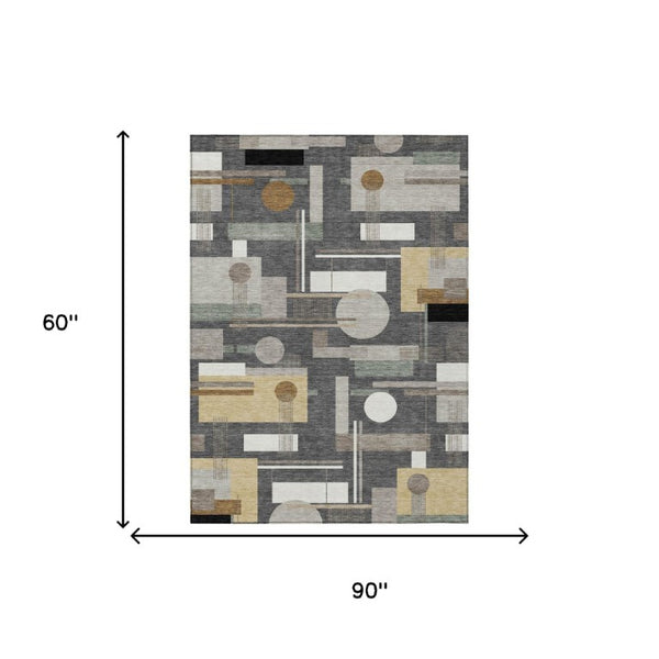 5x8 Graphite Gray Geometric Polyester Area Rug Washable for Patio or Living Room