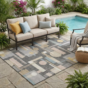 5x8 Gray Graphite Geometric Polyester Area Rug Washable for Patio Porch or Living Room