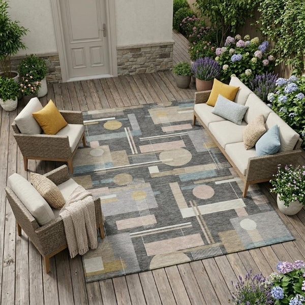 10 X 14 Gray Graphite Geometric Polyester Washable Rug for Indoor Outdoor Use