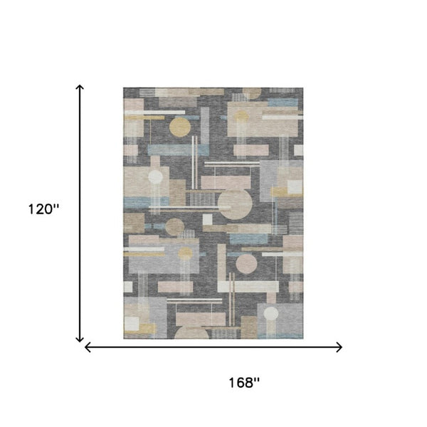 10 X 14 Gray Graphite Geometric Polyester Washable Rug for Indoor Outdoor Use