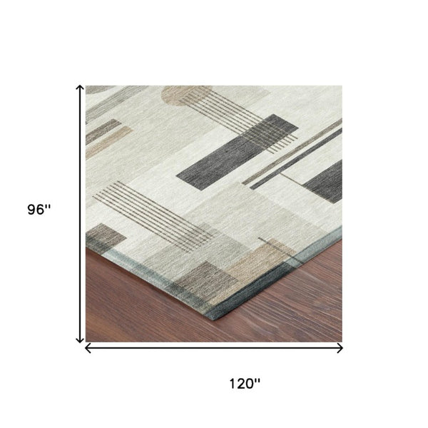 8 X 10 Ivory Silver Geometric Polyester Area Rug Washable for Indoor Outdoor Use
