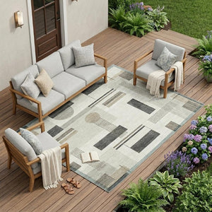 9 X 12 Geometric Ivory Silver Polyester Washable Rug for Indoor Outdoor Use