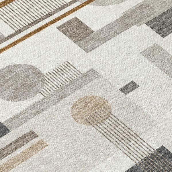 9 X 12 Geometric Ivory Silver Polyester Washable Rug for Indoor Outdoor Use