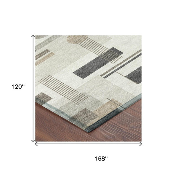 10 X 14 Ivory Silver Geometric Polyester Area Rug Washable Stain Resistant Indoor Outdoor