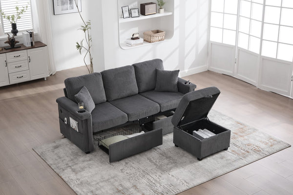 English Elm UNITED Corduroy L-Shaped Sectional Sofa with Storage Ottoman, USB Ports, Cup Holders & LED Lighting Dark Gray W1568P332407