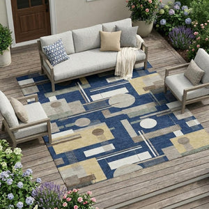 9 X 12 Navy Geometric Polyester Area Rug Washable for Patio Porch or Living Room