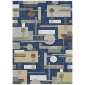HomeRoots 9 X 12 Navy Geometric Polyester Area Rug Washable for Patio Porch or Living Room 742971