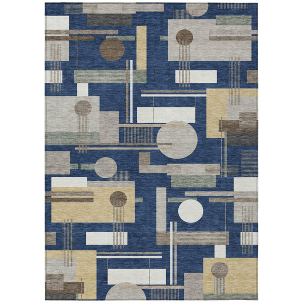 HomeRoots 9 X 12 Navy Geometric Polyester Area Rug Washable for Patio Porch or Living Room 742971