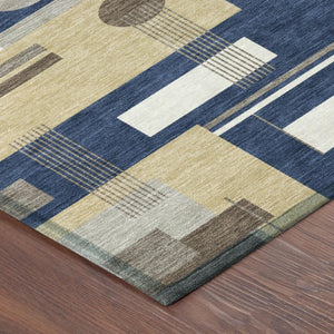 9 X 12 Navy Geometric Polyester Area Rug Washable for Patio Porch or Living Room