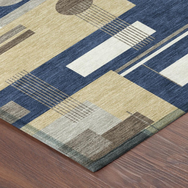 9 X 12 Navy Geometric Polyester Area Rug Washable for Patio Porch or Living Room