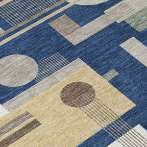 9 X 12 Navy Geometric Polyester Area Rug Washable for Patio Porch or Living Room