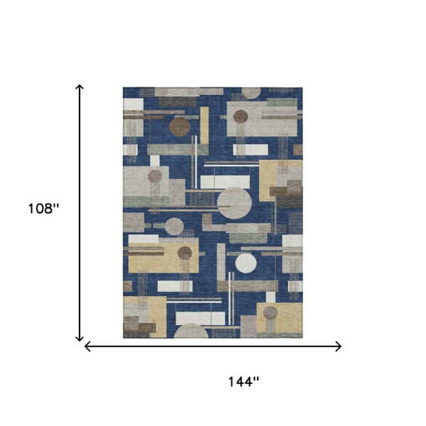 9 X 12 Navy Geometric Polyester Area Rug Washable for Patio Porch or Living Room