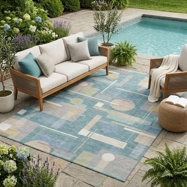 5 X 8 Teal Silver Geometric Polyester Area Rug Washable for Patio or Living Room