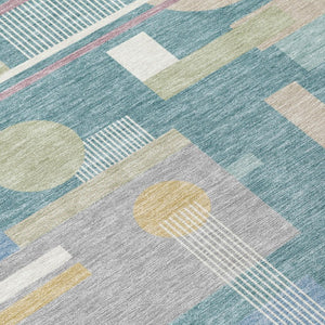 5 X 8 Teal Silver Geometric Polyester Area Rug Washable for Patio or Living Room
