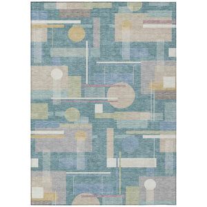 HomeRoots 10 X 14 Geometric Polyester Area Rug Washable Teal Silver Indoor Outdoor Patio 742978