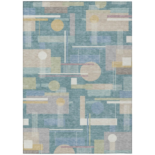 HomeRoots 10 X 14 Geometric Polyester Area Rug Washable Teal Silver Indoor Outdoor Patio 742978