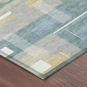 10 X 14 Geometric Polyester Area Rug Washable Teal Silver Indoor Outdoor Patio