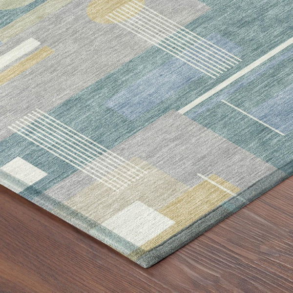 10 X 14 Geometric Polyester Area Rug Washable Teal Silver Indoor Outdoor Patio