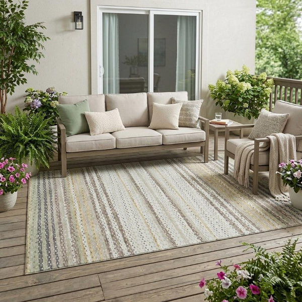 5x8 Ivory Beige Stripe Polyester Area Rug Washable Stain Resistant for Patio