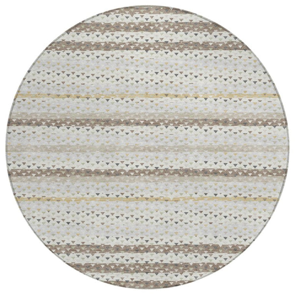 HomeRoots 8 Foot Round Ivory Beige Striped Polyester Area Rug Washable Indoor Outdoor Use 742999