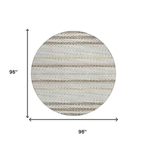 8 Foot Round Ivory Beige Striped Polyester Area Rug Washable Indoor Outdoor Use