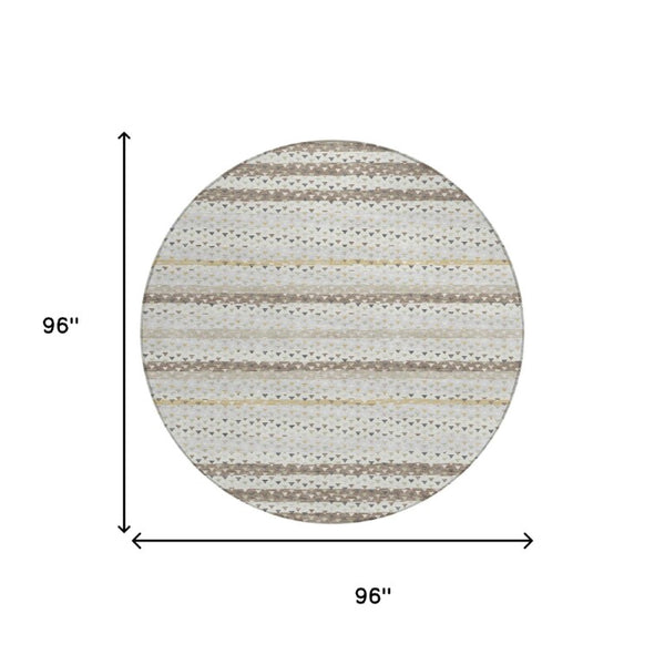 8 Foot Round Ivory Beige Striped Polyester Area Rug Washable Indoor Outdoor Use