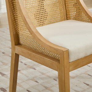 English Elm Rattan Solid Wood Dining Chair with Linen Seat and Decorative Armrests, Rustic Faux Rattan Elegance for Home Beige W1143P335052