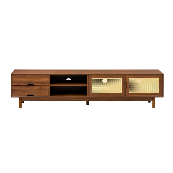 English Elm 78 Inch Rattan Media Console with Rubberwood Legs Walnut Finish Living Room Storage N710P407810P