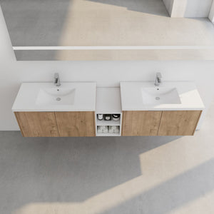 English Elm 84 Inch Wall Mounted Vanity with Dual Resin Sinks, Soft Close Doors, Metal Handles, Ample Storage Space Imitative Oak W999S00190
