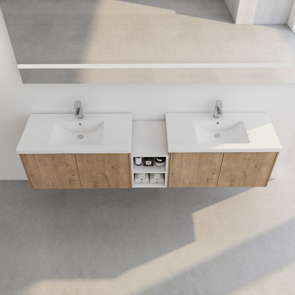 English Elm 84 Inch Wall Mounted Vanity with Dual Resin Sinks, Soft Close Doors, Metal Handles, Ample Storage Space Imitative Oak W999S00190